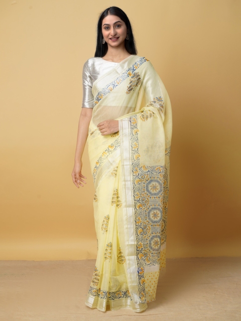 

Unnati Silks Yellow & Grey Floral Zari Pure Cotton Kota Saree