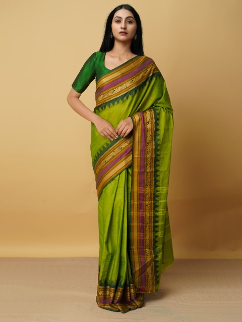 

Unnati Silks Green & Gold-Toned Zari Pure Cotton Kanjeevaram Saree