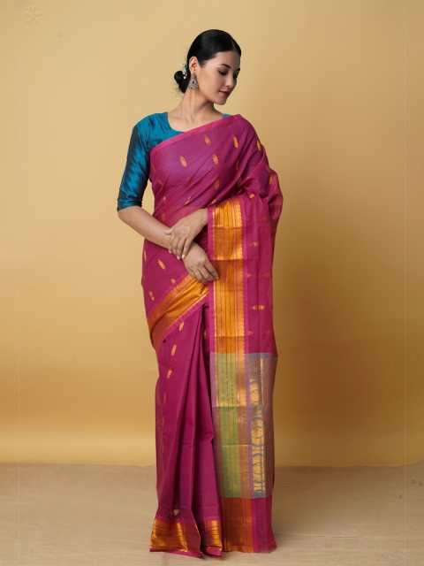 

Unnati Silks Pink & Orange Woven Design Zari Pure Cotton Venkatgiri Saree