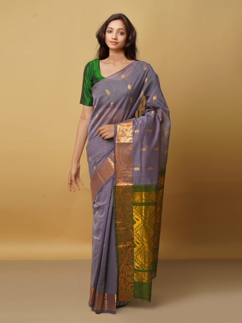 

Unnati Silks Grey & Gold-Toned Woven Design Zari Silk Cotton Gadwal Saree