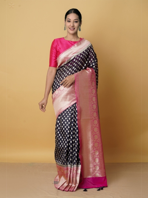 

Unnati Silks Black & Pink Woven Design Zari Silk Cotton Kanjeevaram Saree