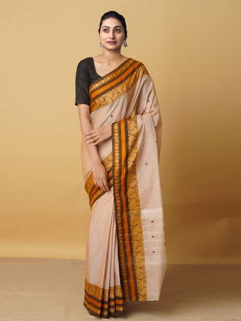 

Unnati Silks Cream-Coloured & Brown Woven Design Zari Pure Cotton Kanjeevaram Saree