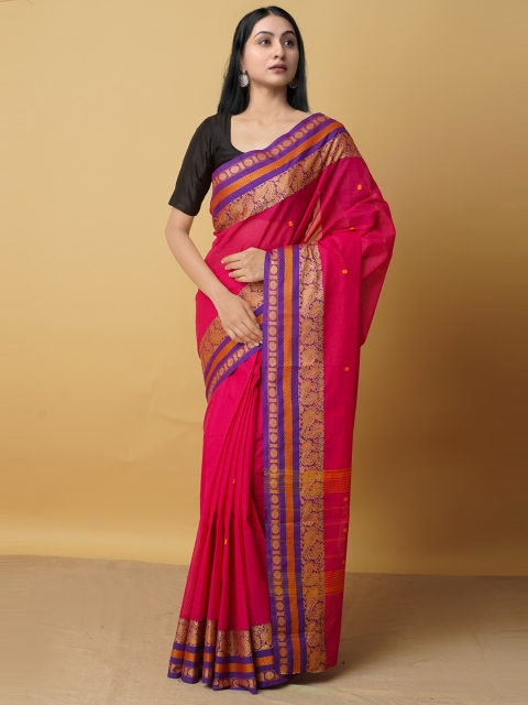

Unnati Silks Pink & Purple Woven Design Zari Pure Cotton Kanjeevaram Saree