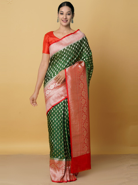 

Unnati Silks Green & Red Woven Design Zari Silk Cotton Kanjeevaram Saree