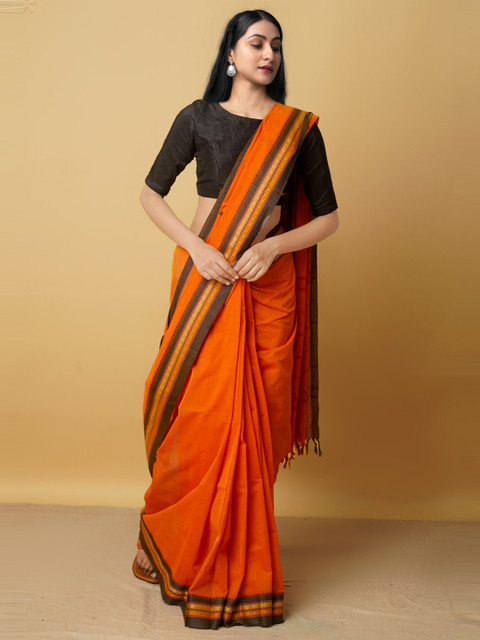 

Unnati Silks Orange & Brown Pure Cotton Kanjeevaram Saree