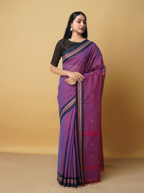 

Unnati Silks Purple & Blue Woven Design Zari Pure Cotton Kanjeevaram Saree