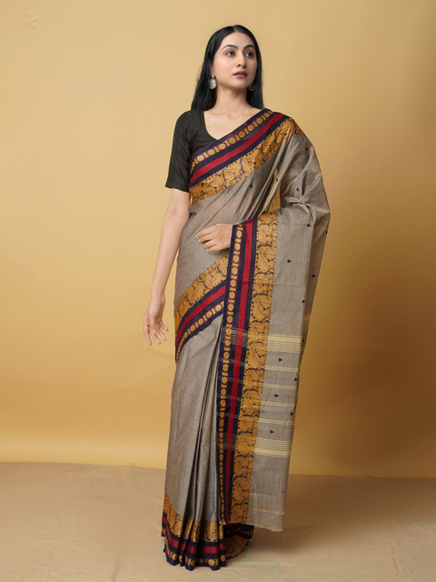 

Unnati Silks Grey & Red Woven Design Zari Pure Cotton Kanjeevaram Saree