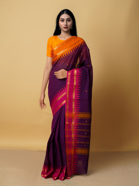 

Unnati Silks Purple & Red Woven Design Zari Pure Cotton Kanjeevaram Saree