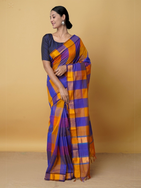 

Unnati Silks Blue & Violet Checked Zari Pure Cotton Mangalagiri Saree
