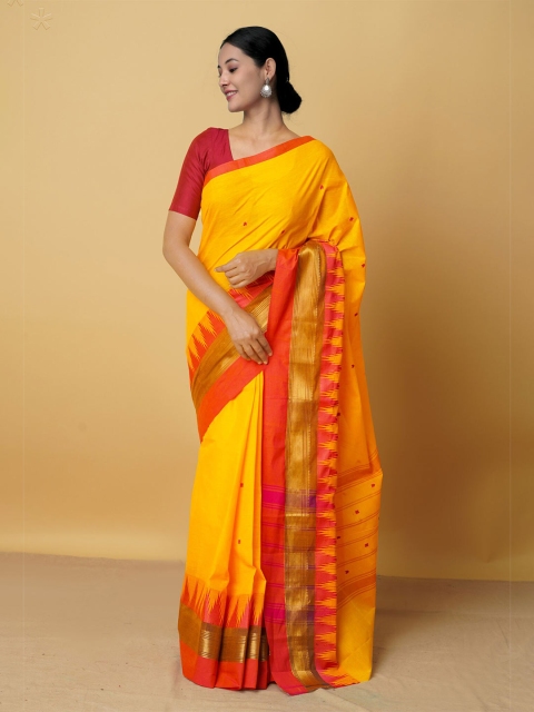 

Unnati Silks Yellow & Gold-Toned Woven Design Zari Pure Cotton Kanjeevaram Saree