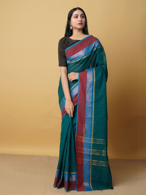 

Unnati Silks Green & Blue Zari Pure Cotton Kanjeevaram Saree