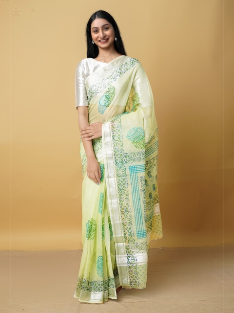 

Unnati Silks Green & Silver-Toned Ethnic Motifs Zari Pure Cotton Kota Saree
