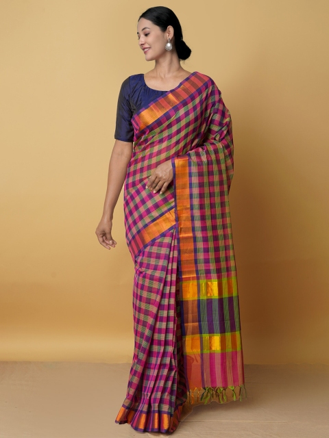 

Unnati Silks Pink & Gold-Toned Checked Zari Silk Cotton Mangalagiri Saree