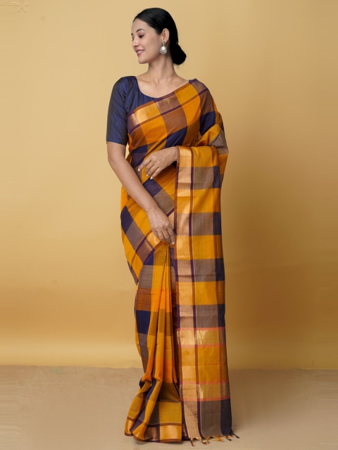 

Unnati Silks Mustard & Navy Blue Checked Zari Pure Cotton Mangalagiri Saree