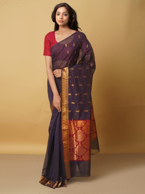 

Unnati Silks Violet & Gold-Toned Woven Design Zari Pure Cotton Gadwal Saree