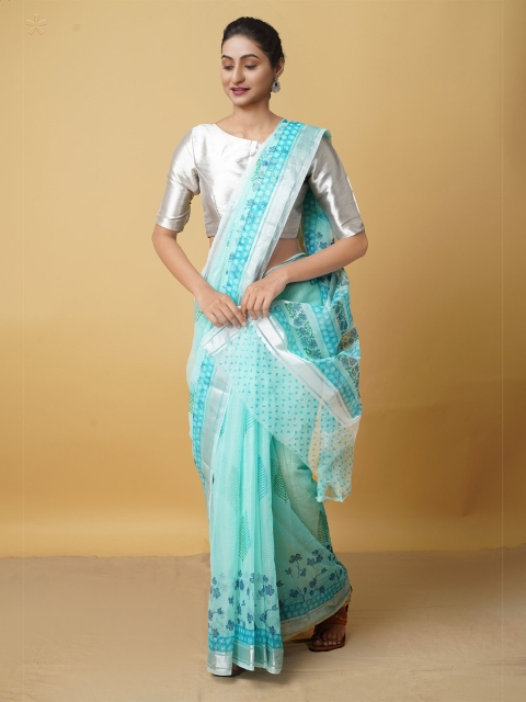 

Unnati Silks Sea Green & Silver-Toned Ethnic Motifs Zari Pure Cotton Kota Saree