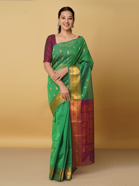 

Unnati Silks Green & Magenta Woven Design Zari Silk Cotton Gadwal Saree