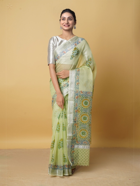 

Unnati Silks Green & Silver-Toned Ethnic Motifs Zari Pure Cotton Kota Saree