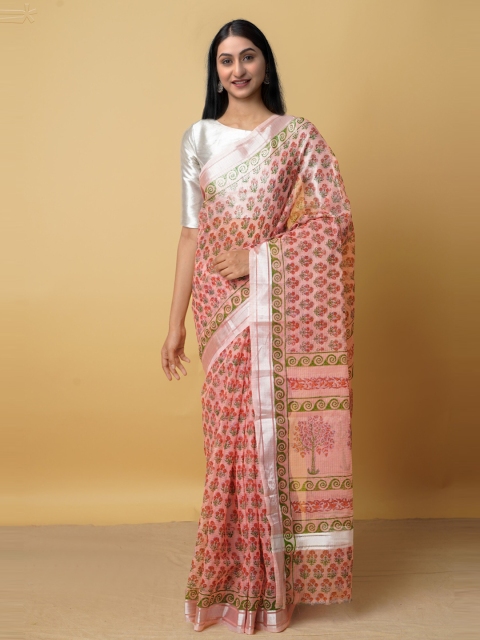 

Unnati Silks Peach-Coloured & Green Ethnic Motifs Zari Pure Cotton Kota Saree