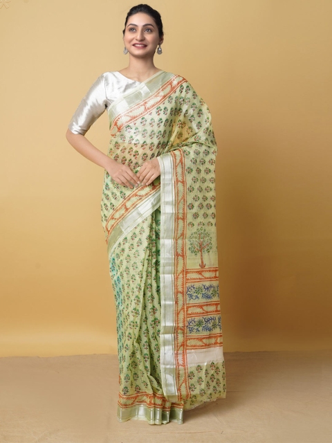 

Unnati Silks Green & Silver-Toned Ethnic Motifs Zari Pure Cotton Kota Saree