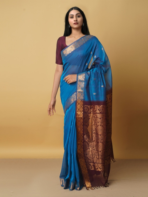 

Unnati Silks Blue & Brown Woven Design Zari Pure Cotton Gadwal Saree