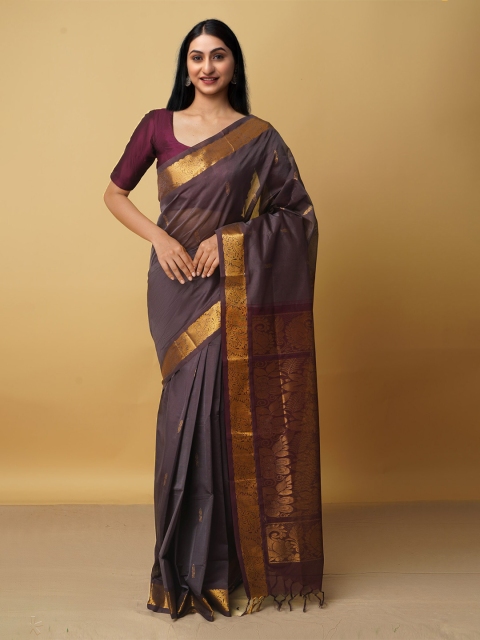 

Unnati Silks Coffee Brown & Gold-Toned Woven Design Zari Pure Cotton Gadwal Saree
