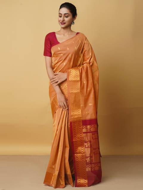 

Unnati Silks Orange & Red Woven Design Zari Pure Cotton Gadwal Saree
