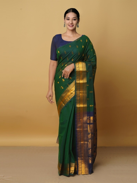 

Unnati Silks Green & Gold-Toned Woven Design Zari Pure Cotton Gadwal Saree