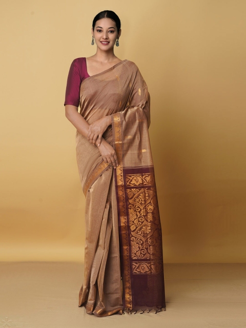 

Unnati Silks Brown & Gold-Toned Woven Design Zari Pure Cotton Venkatgiri Saree