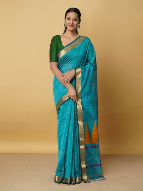 

Unnati Silks Blue & Orange Woven Design Zari Silk Cotton Maheshwari Saree