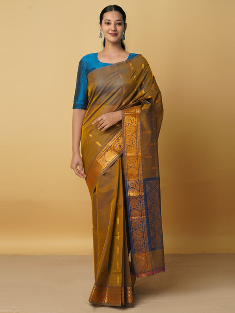

Unnati Silks Brown & Teal Ethnic Motifs Zari Pure Cotton Gadwal Saree