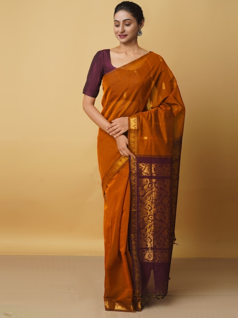 

Unnati Silks Orange & Gold-Toned Woven Design Pure Cotton Zari Venkatgiri Saree