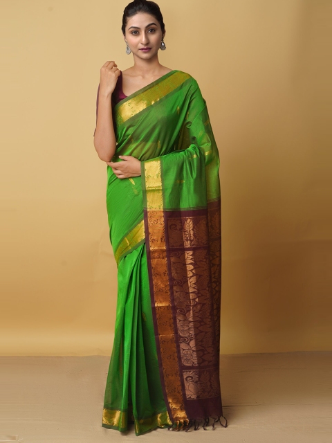 

Unnati Silks Green & Brown Woven Design Zari Pure Cotton Gadwal Saree