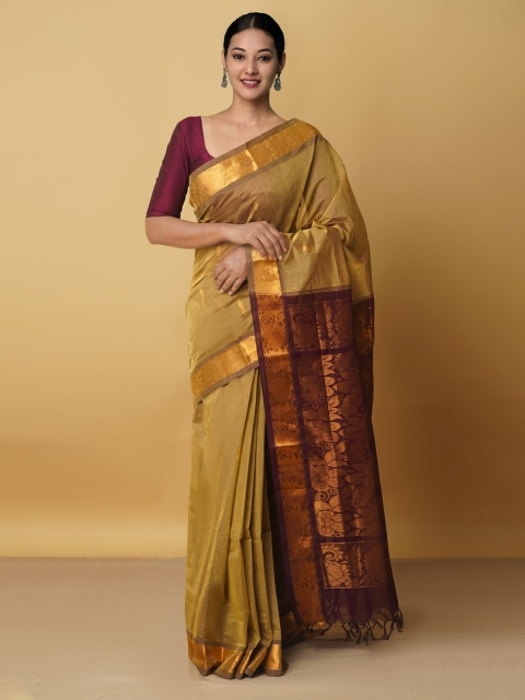 

Unnati Silks Olive Green & Brown Woven Design Zari Pure Cotton Gadwal Saree