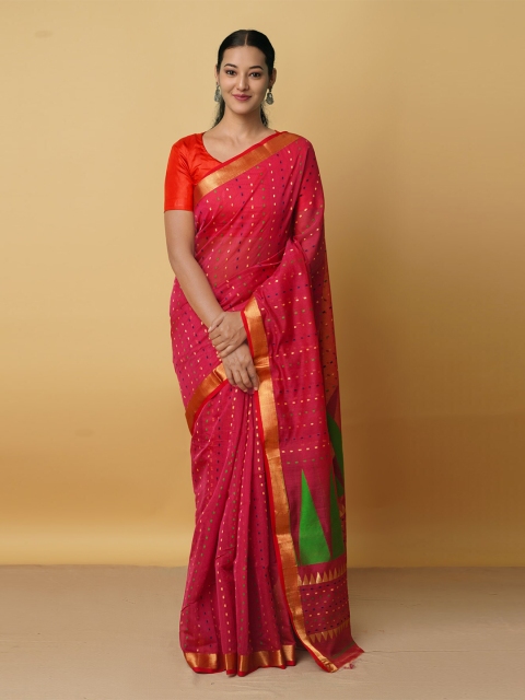 

Unnati Silks Pink & Gold-Toned Woven Design Zari Silk Cotton Maheshwari Saree