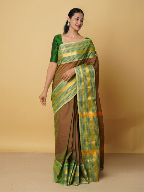 

Unnati Silks Brown & Green Woven Design Pure Cotton Kanjeevaram Saree