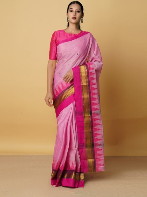 

Unnati Silks Pink & Gold-Toned Woven Design Zari Pure Cotton Kanjeevaram Saree