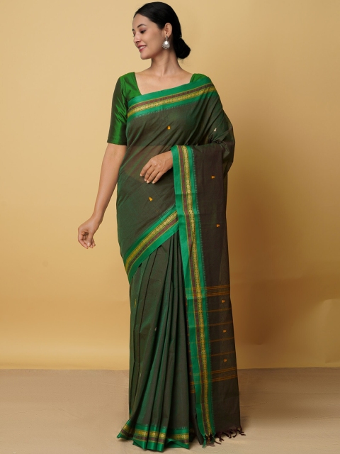 

Unnati Silks Green & Red Woven Design Zari Pure Cotton Kanjeevaram Saree
