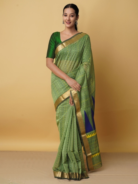 

Unnati Silks Green & Blue Ethnic Motifs Zari Handloom Maheshwari Saree