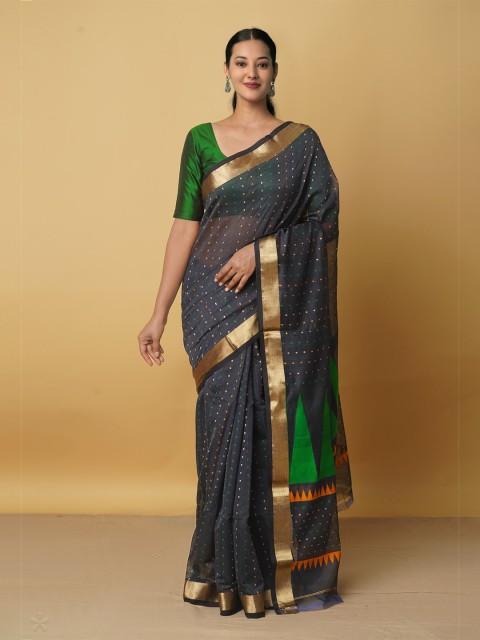 

Unnati Silks Black & Green Ethnic Motifs Zari Handloom Maheshwari Saree