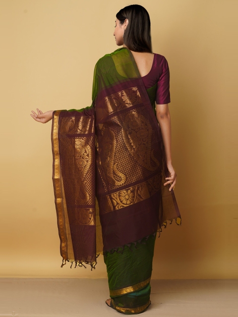

Unnati Silks Green And Gold-Toned Woven Design Zari Pure Cotton Venkatgiri Saree