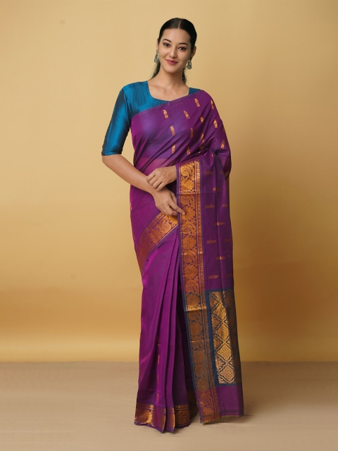 

Unnati Silks Purple And Gold-Toned Woven Design Zari Pure Cotton Gadwal Saree