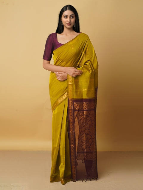 

Unnati Silks Green And Gold-Toned Woven Design Zari Pure Cotton Venkatgiri Saree