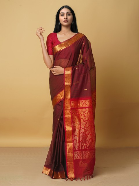 

Unnati Silks Maroon & Red Woven Design Zari Pure Cotton Gadwal Saree