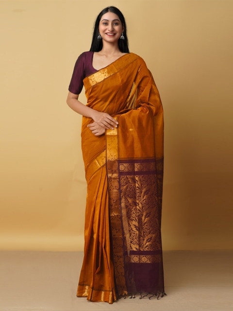

Unnati Silks Mustard & Maroon Woven Design Zari Pure Cotton Gadwal Saree