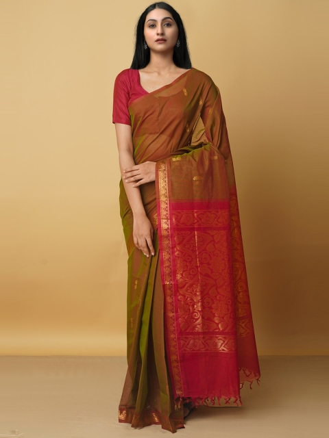 

Unnati Silks Green & Red Woven Design Zari Pure Cotton Venkatgiri Saree