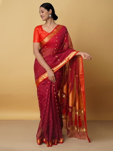 

Unnati Silks Red & Gold-Toned Woven Design Silk Cotton Zari Maheshwari Saree