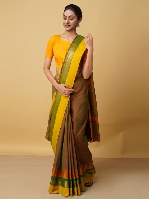 

Unnati Silks Brown & Green Zari Pure Cotton Kanjeevaram Saree