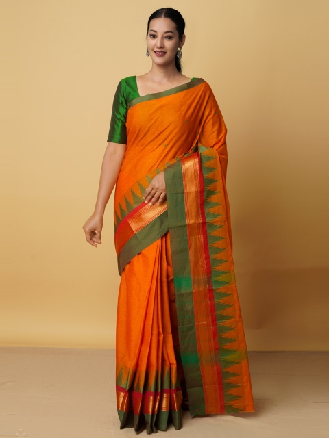 

Unnati Silks Orange & Green Woven Design Pure Cotton Kanjeevaram Saree