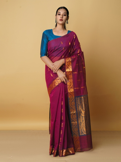 

Unnati Silks Maroon & Blue Woven Design Zari Pure Cotton Gadwal Saree